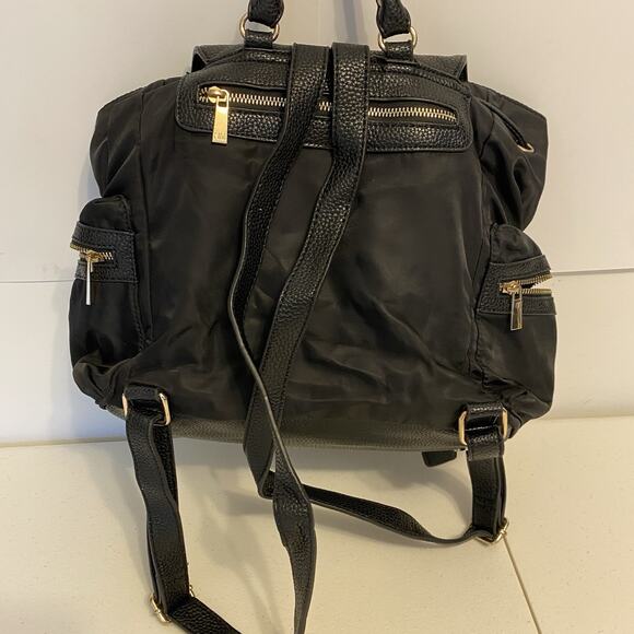 Neiman Marcus Designer Backpack Black PVC Nylon Travel Day Bag Silvertone Logo - Picture 11 of 11